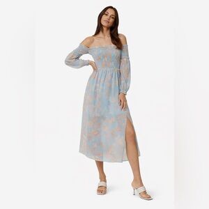 French Connection Floral Off Shoulder Smocked Midi Dress US 0 Blue Side Slit